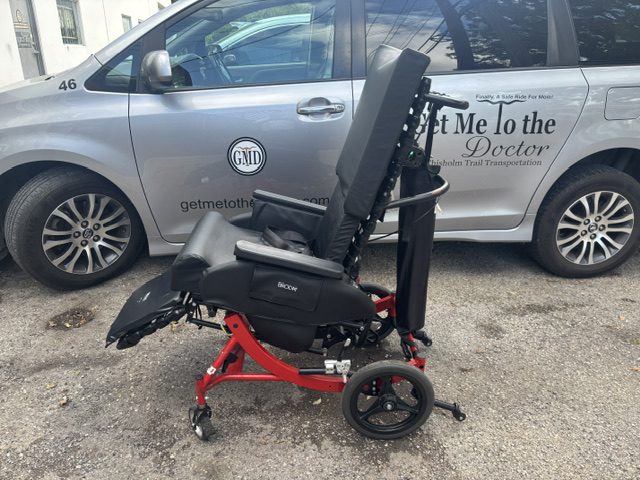 Broda positioning chair in upright travel position